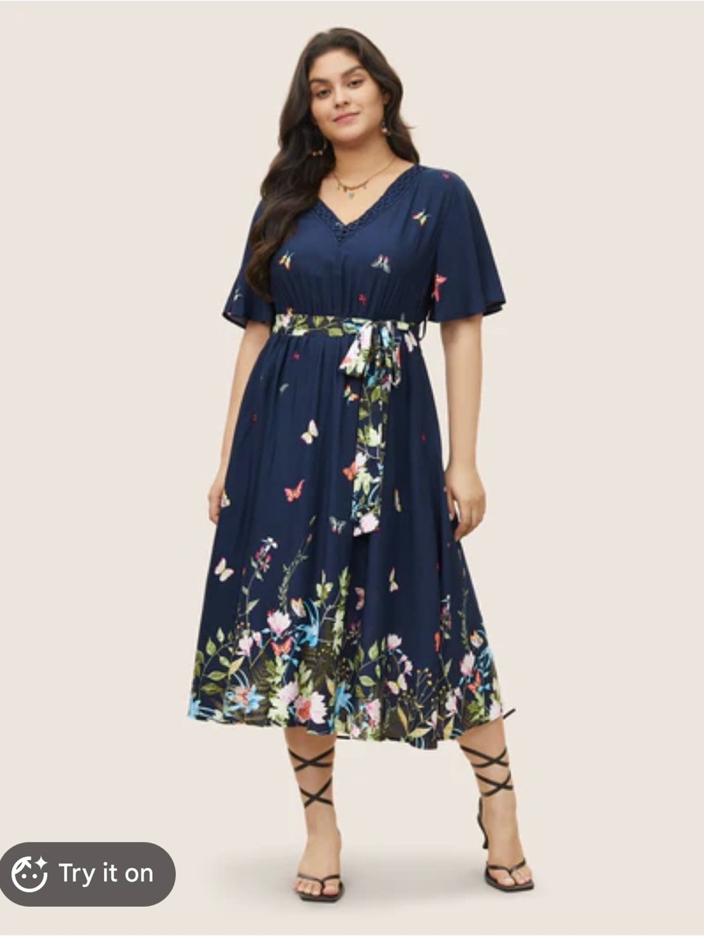 BloomChic | Navy Floral Belted Midi Dress with V-Neck, Size 14-16